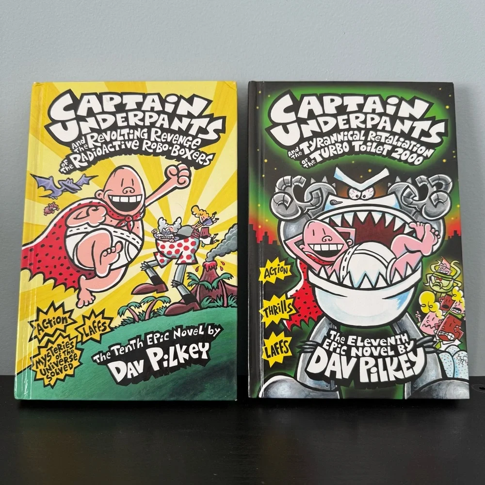2 Captain Underpants hardcover books by Dav Pilkey. Tyrannical Revolting Revenge